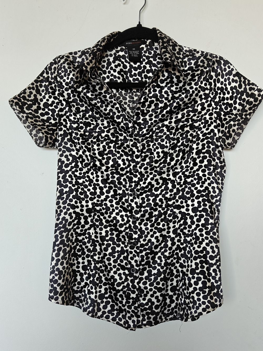 BCBGMaxAzria Black and White Polka Dot Short Sleeve Button-Down Shirt
